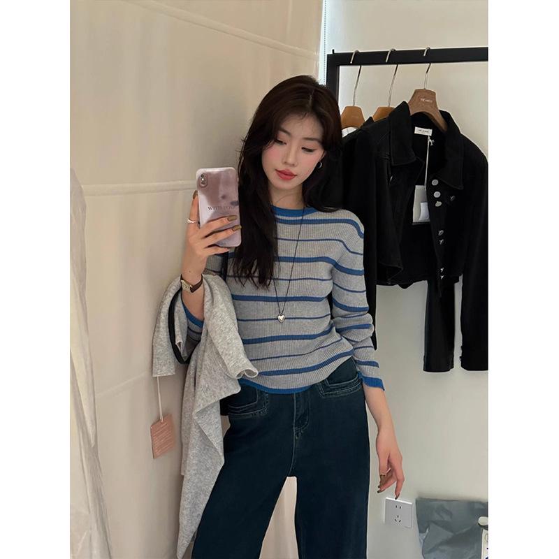 2025 Autumn/Winter Retro Striped Color Block Slimming Korean Knitted Sweater