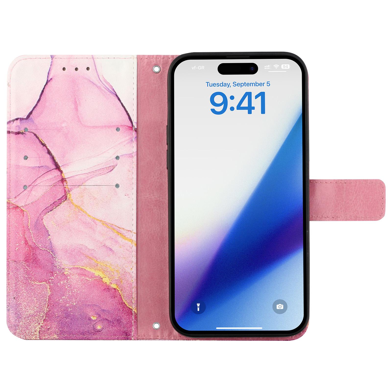 

For iPhone 15 Case with Strap Marble Pattern Leather Phone Cover Card Holder White+Purple LS006