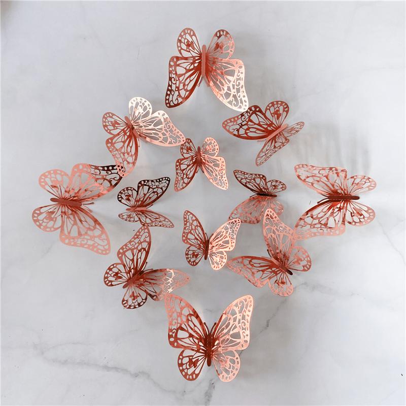 12Pcs/Set 3D Hollow Butterfly Wall Sticker Gold Silver Rose Wedding Decoration Living Room Home Decor Butterflies Decal Stickers KTY