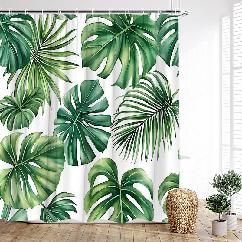 Tropical Hummingbirds Shower Curtains Green Gold Palm Monstera Leaves Flowers Bath Curtain Polyester Fabric Home Bathroom Decor