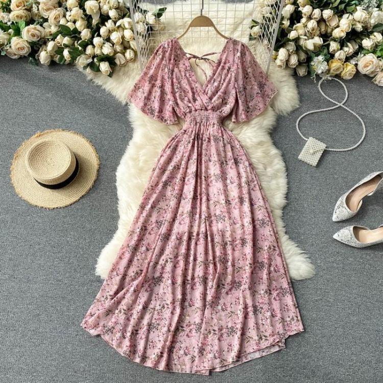 Women Summer Floral V Neck Long Dress High Waist Ruched A Line Short Sleeve