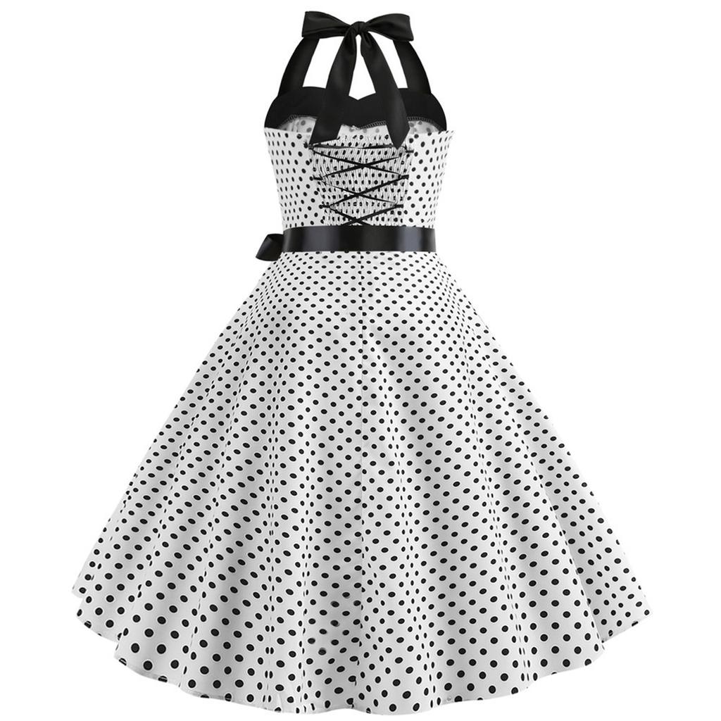 Women's Fashion Temperament Retro Polka Dot Lace-up Backless Set Neck Big Swing Puffy Casual Performance Dress