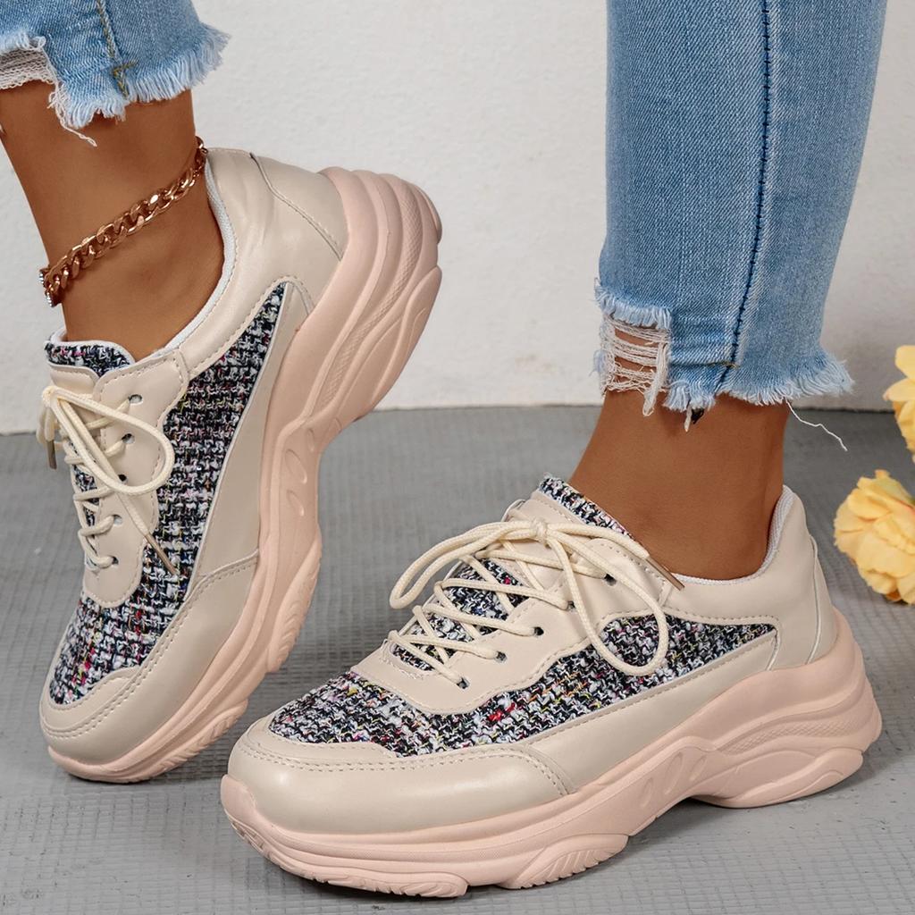 Plateau-Sportschuhe für Damen, bequem, leicht, gemischte Farben, Sneakers mit Schnürung, rutschfester Sohle, niedriger Vulkanisierungsschuh für Damen