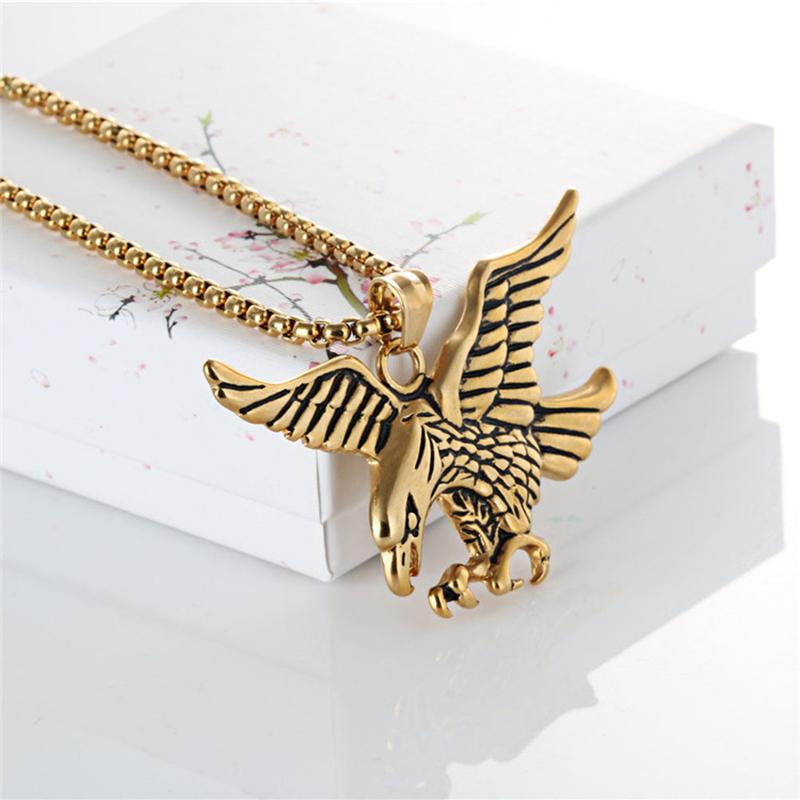 Gold Flying Eagle Pendant Necklace For Women Men Punk Cool Bird Shape Stainless Steel Chain Hip Hop Jewelry Gift