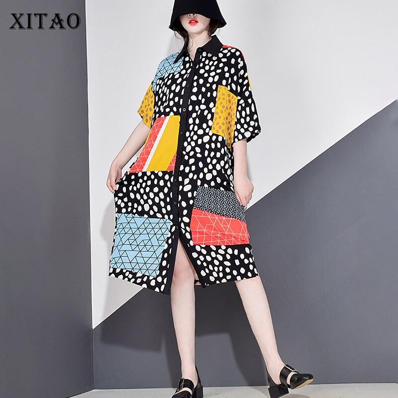 

XITAO Тренд Печатные женщины с коротким рукавом Однобортное платье XJ4558