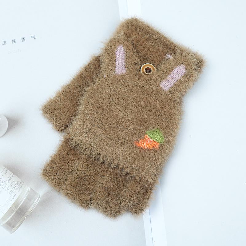 Gloves Women's Autumn and Winter Thickened Warm Flip Half Finger Cute Rabbit Ears Radish Pattern Student Velvet Gloves
