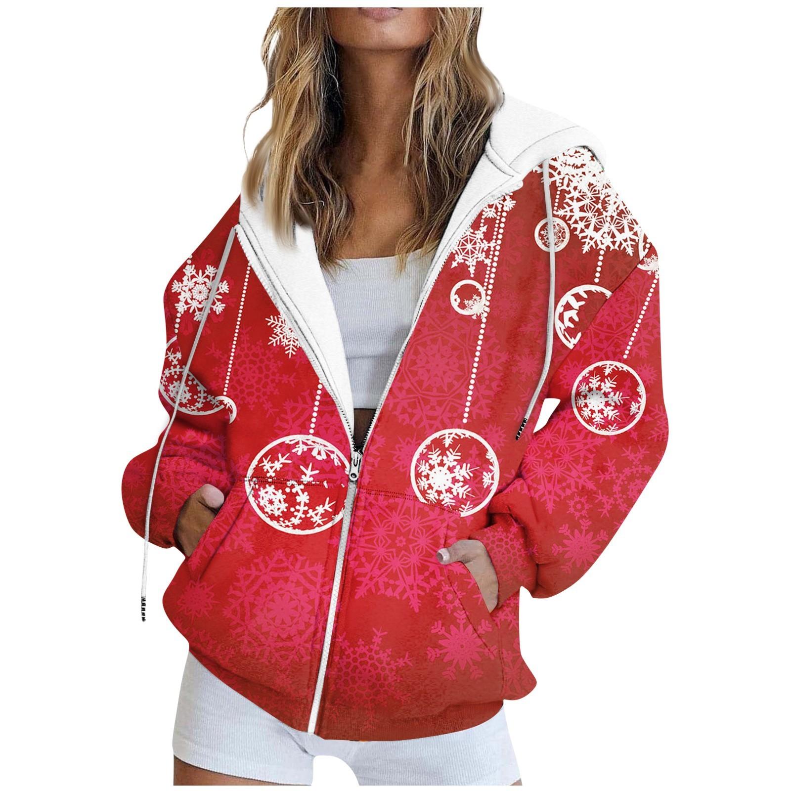 

Женская модная повседневная толстовка с рождественским принтом, карманная куртка, толстовка на молнии XXL красный