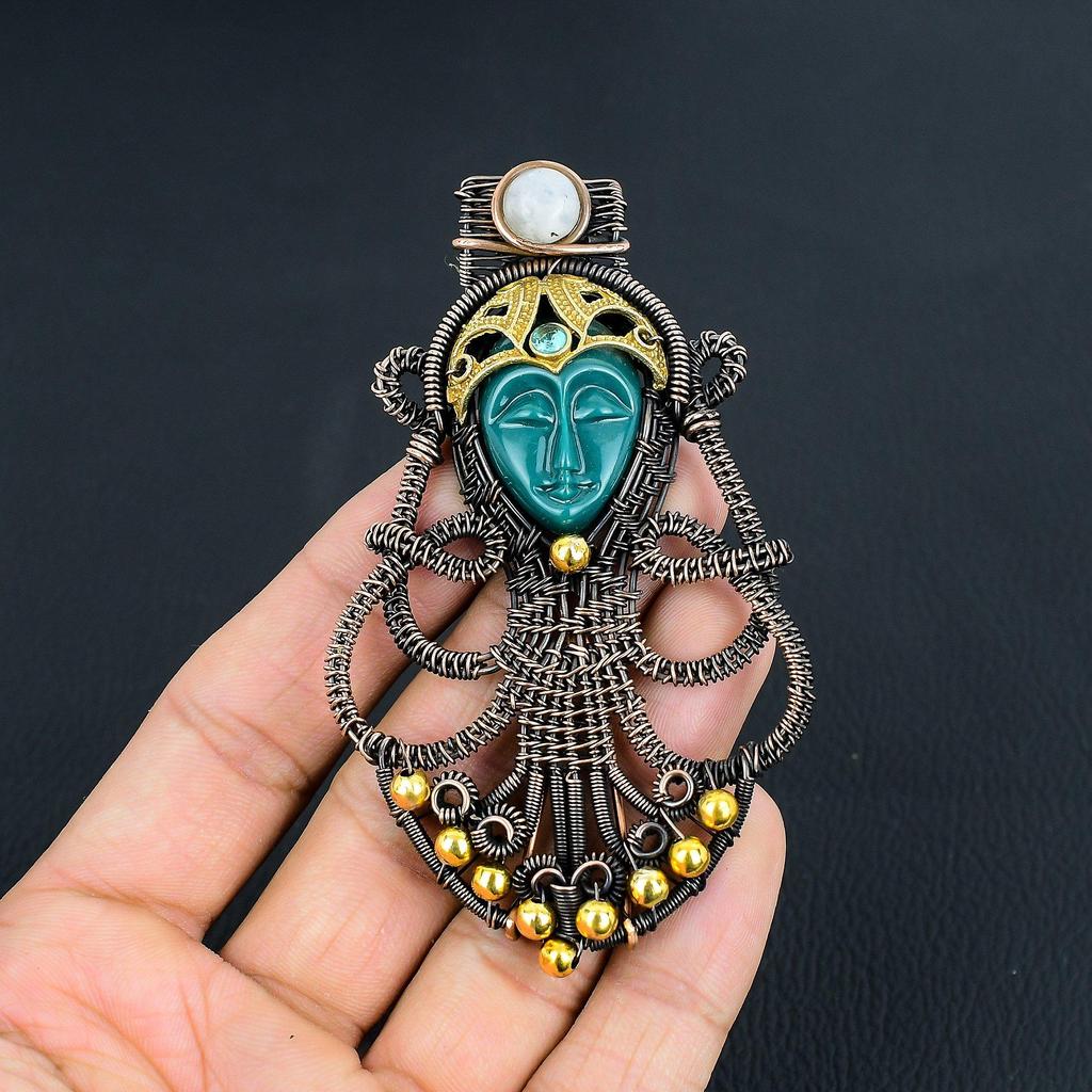 Carved Green Face & Moonstone Jewelry, 999 Copper Wire Wrapped Pendant Handmade Gemstone Jewelry, Gifts For Wife Brand New Pendant