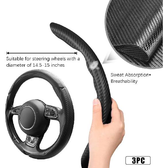 Pincuttee Carbon Fiber Steering Wheel Cover - 3PC Universal Non Slip Steering Wheel Protector, Matte Black