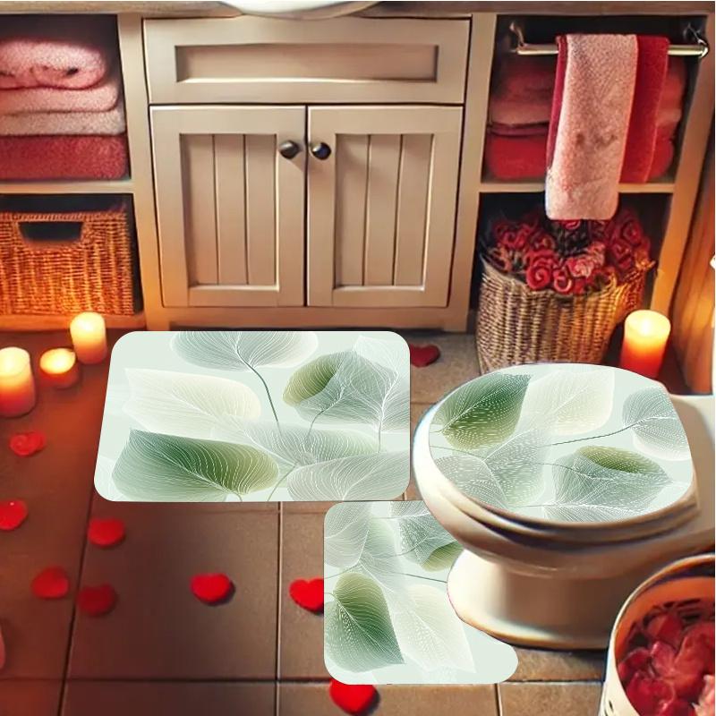 4Pcs Fresh Leaf Vein Shower Curtain Set with Non-Slip Bath Mat, Toilet Lid Cover, Contour Rug & 12 Hooks, Bathroom Decor