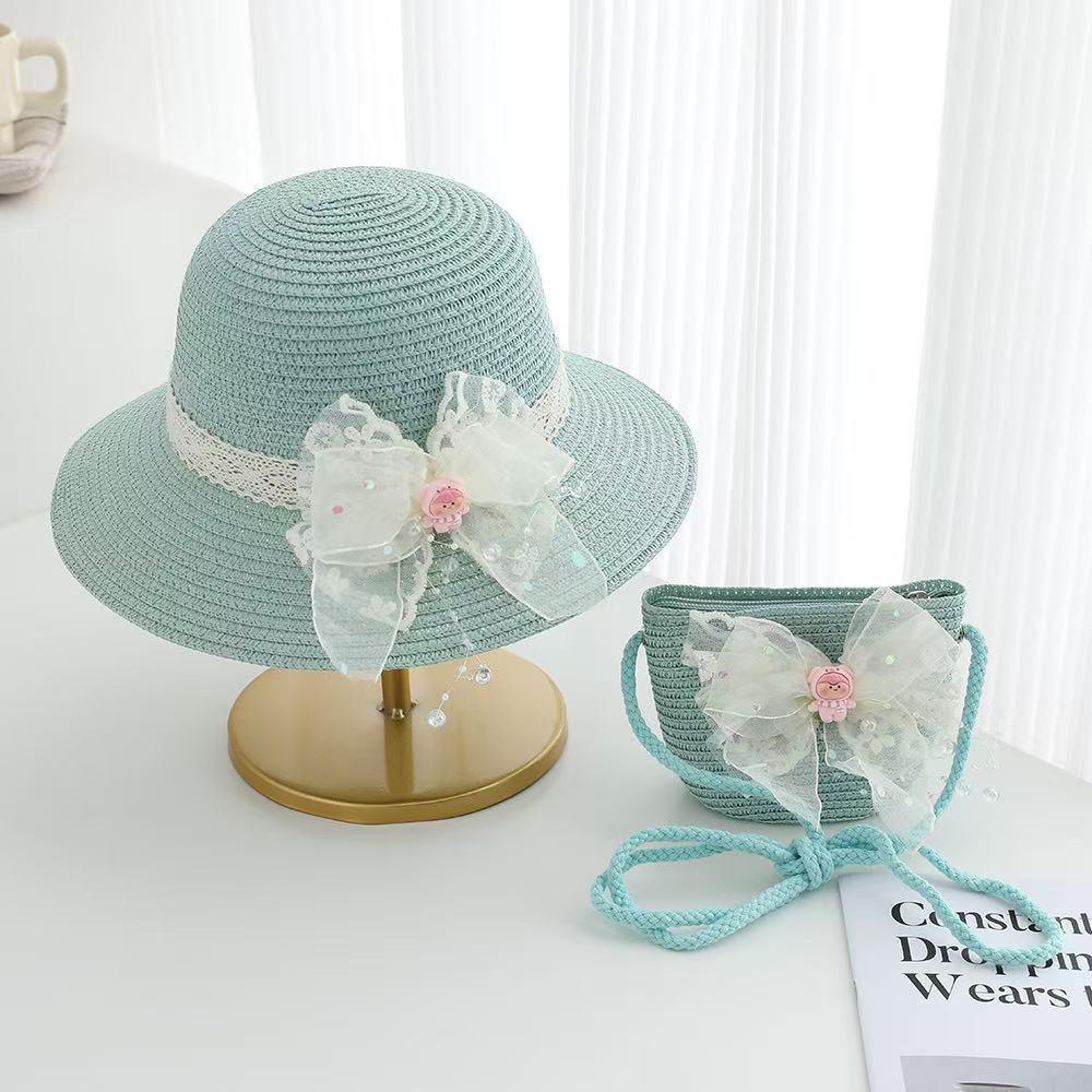 Girls' Lace Bow Sun Protection Straw Hat – Summer Outdoor Beach Bucket Hat