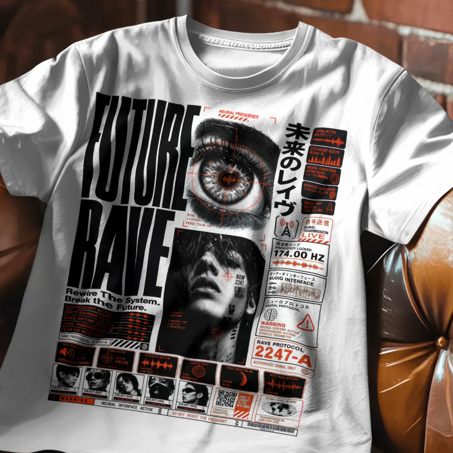 Future Rave Techno Shirt with Dystopian HUD Graphics for Underground Club Wear Outfits M