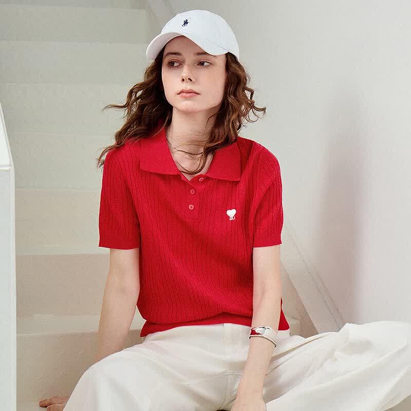 Women's Retro Cable Knit Linen Blend Polo Top