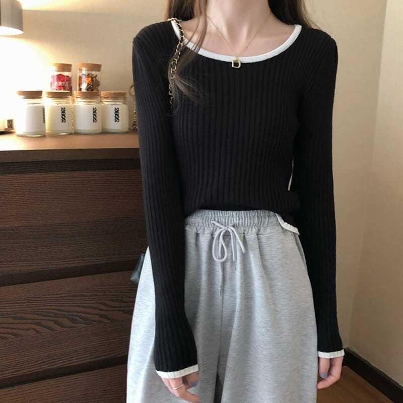 Autumn Korean Style Contrast Color Ribbed Long Sleeve Knitwear Women's Slim Fit Inner Base Layer Top