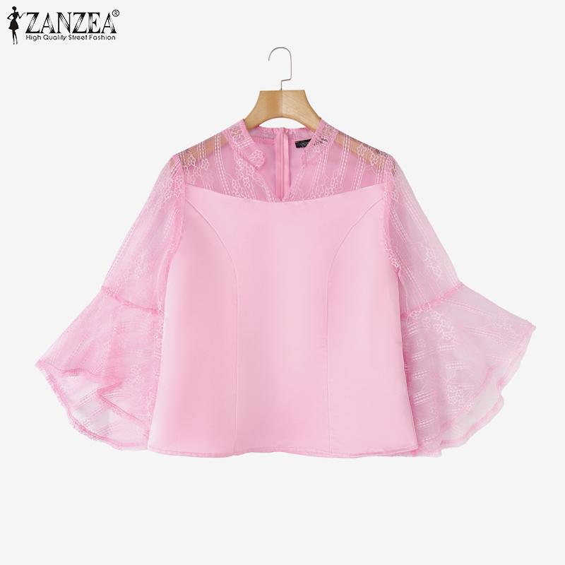 ZANZEA Women Casual V-Neck 3/4 Sleeve Mesh Patchwork Blouse