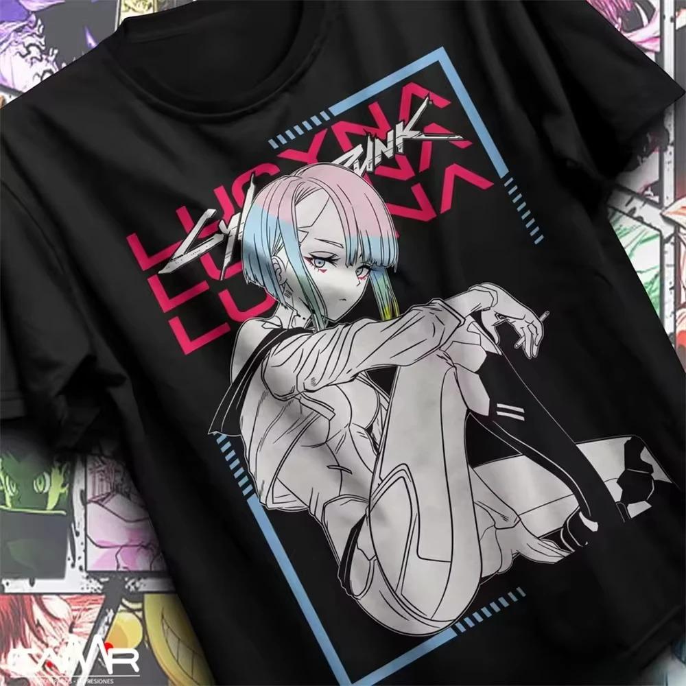 Black Oversized Cyberpunk: Edgerunners T-Shirt with Lucy Kushinada Monochrome Line Art Print 4XL