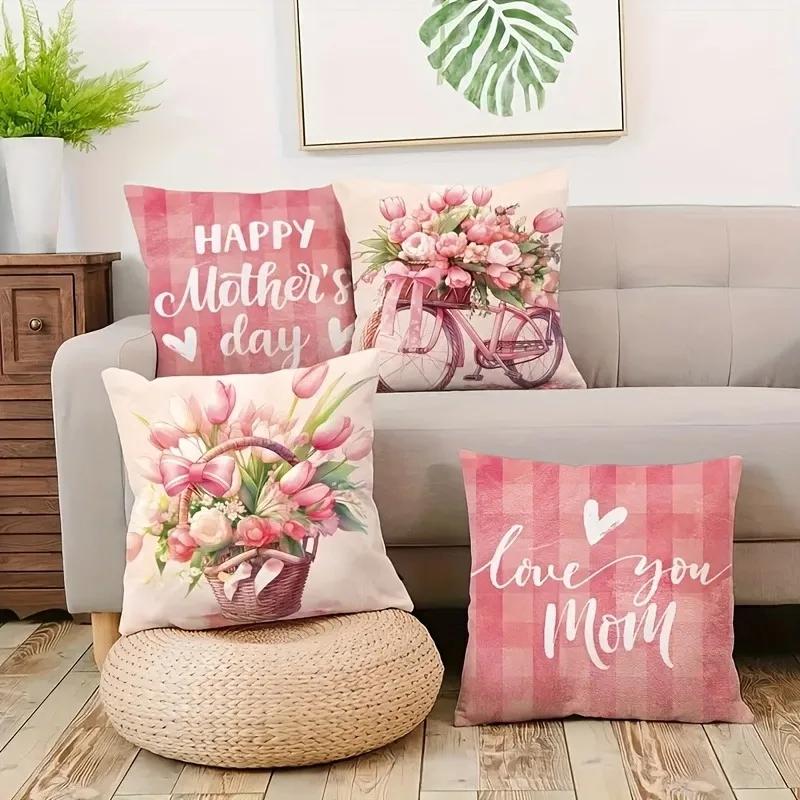 4Pc Mother'S Day Exclusive Pattern Home Decor Pillowcase Living Room Sofa Polyester Cushion Cover With Zipper