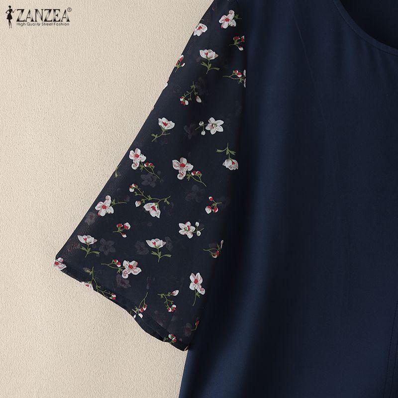 ZANZEA Women Casual Round Neck Loose Floral Splice Short Sleeve Blouse