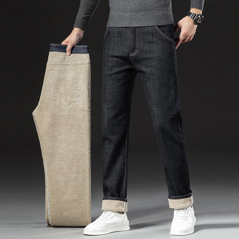 Men's Thick Velvet-Lined Stretch Denim Jeans, Loose Fit, Straight Leg, 2023 New Style, Autumn/Winter Warmth.