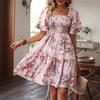 Women Summer Casual Short Sleeve Squera Collar Floral Printed Party One Piece Dress