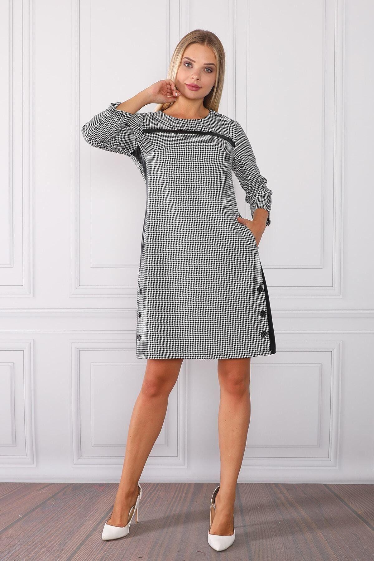 

Women s Big Size Dress Striped and Leather Detailed Dress L