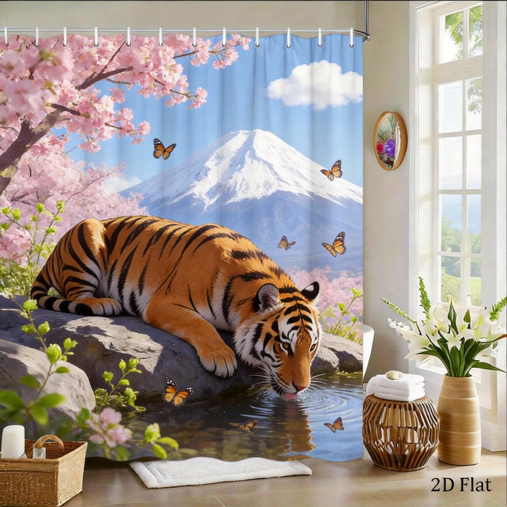 Bengal Tiger Shower Curtain Mountain Landscape Print with Flowers Polyester Bath Curtain with Hooks for Nature Decor