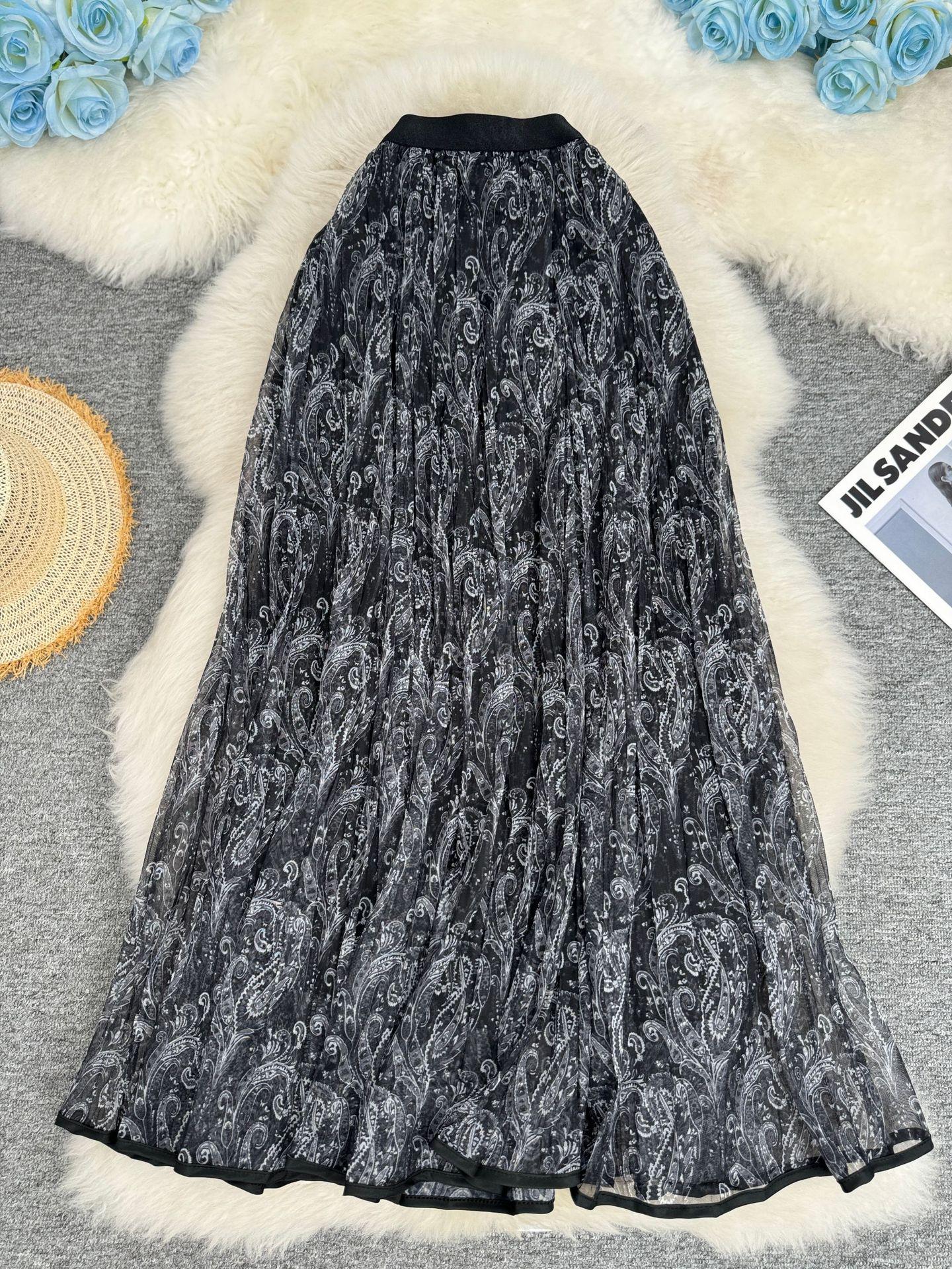 Gradient Mesh Pleated A-line Midi Skirt: Versatile Spring Fashion One Size чёрный