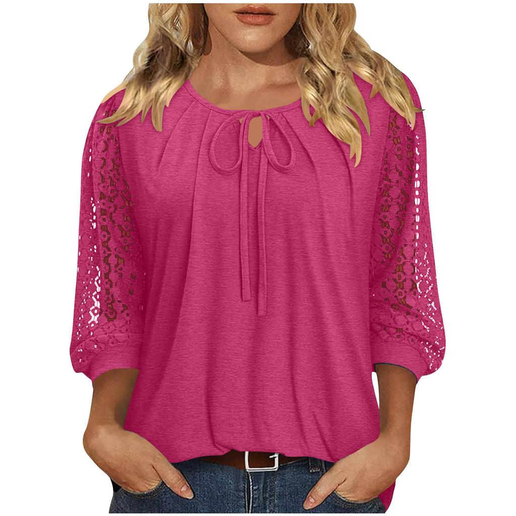 Women's Lace-Up Blouse, Loose Fit, Casual, Sheer Lace