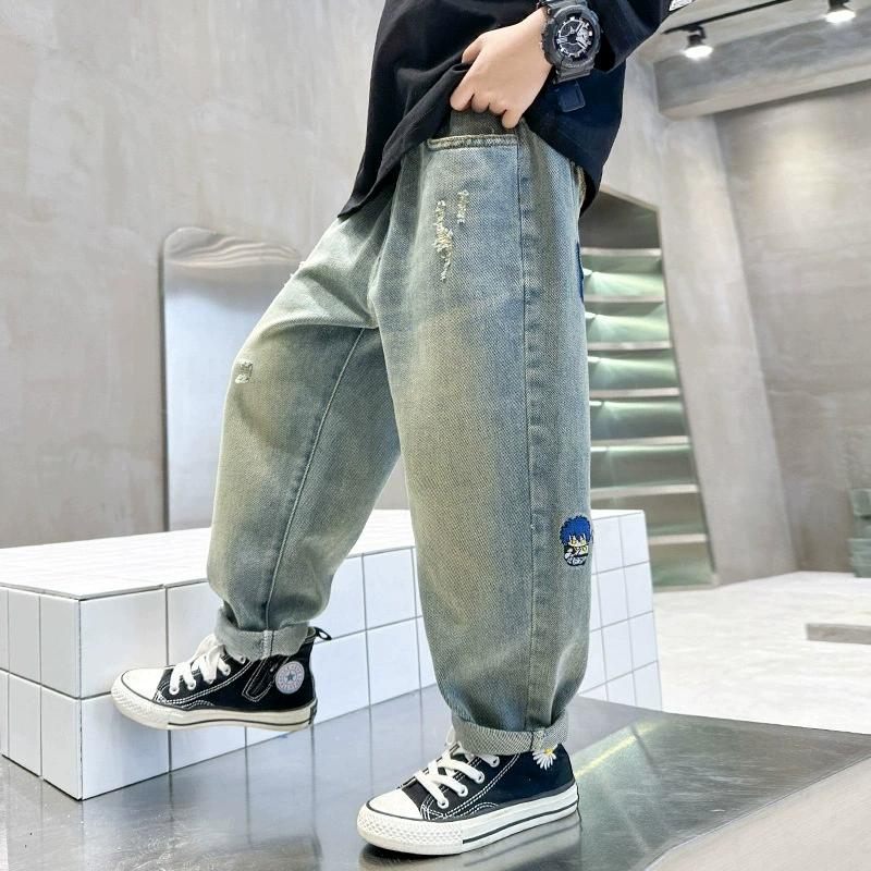 

Boys cartoon embroidered casual jeans pants spring and autumn 120 синій