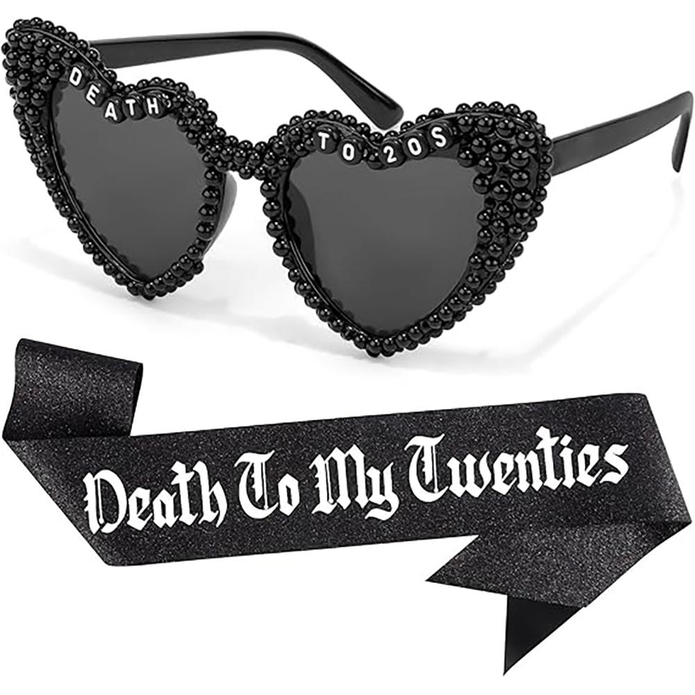Tod meinen 20ern Geburtstagsset Schwarze herzförmige Sonnenbrille Brille Glitzernde Schärpe Abschied von den 20ern Geburtstagsdeko Foto-Requisite