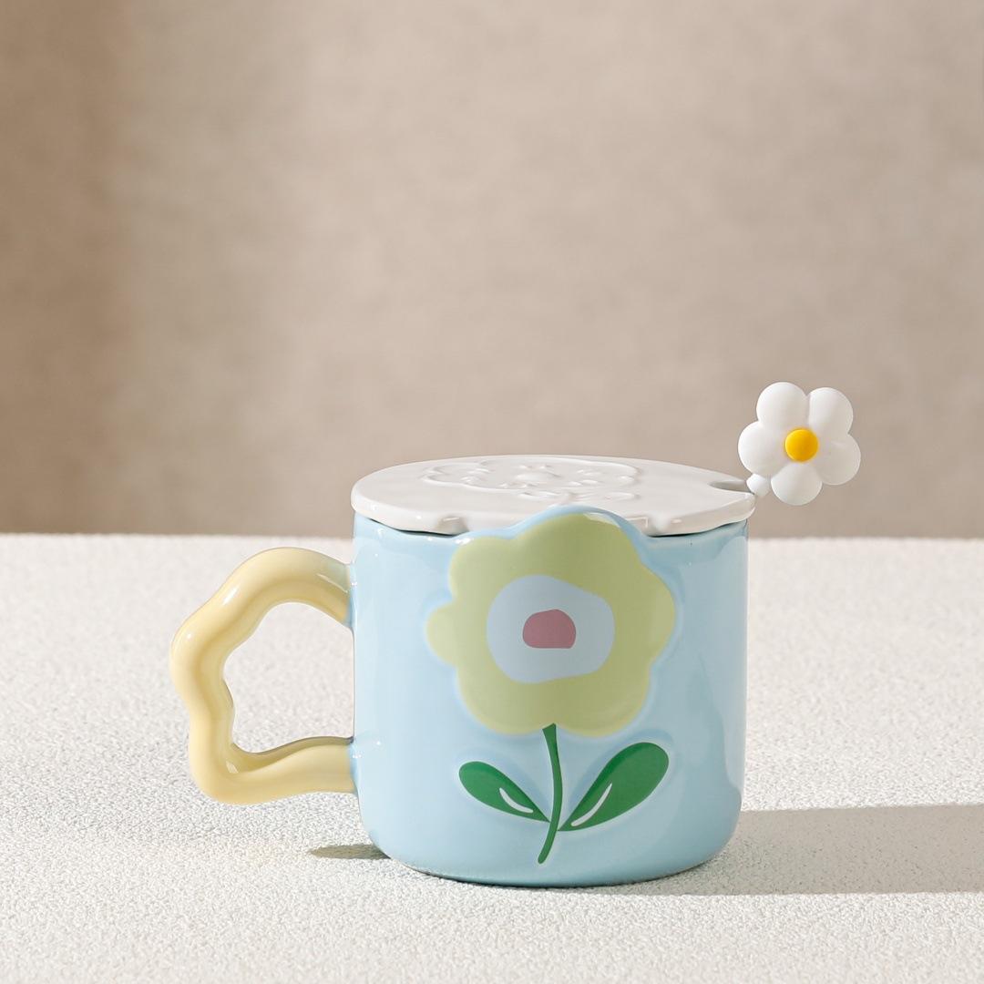 

Pastoral cute small flower mug with lid spoon water cup girls souvenir gift ceramic cup ins feng shui cup ≈400ml