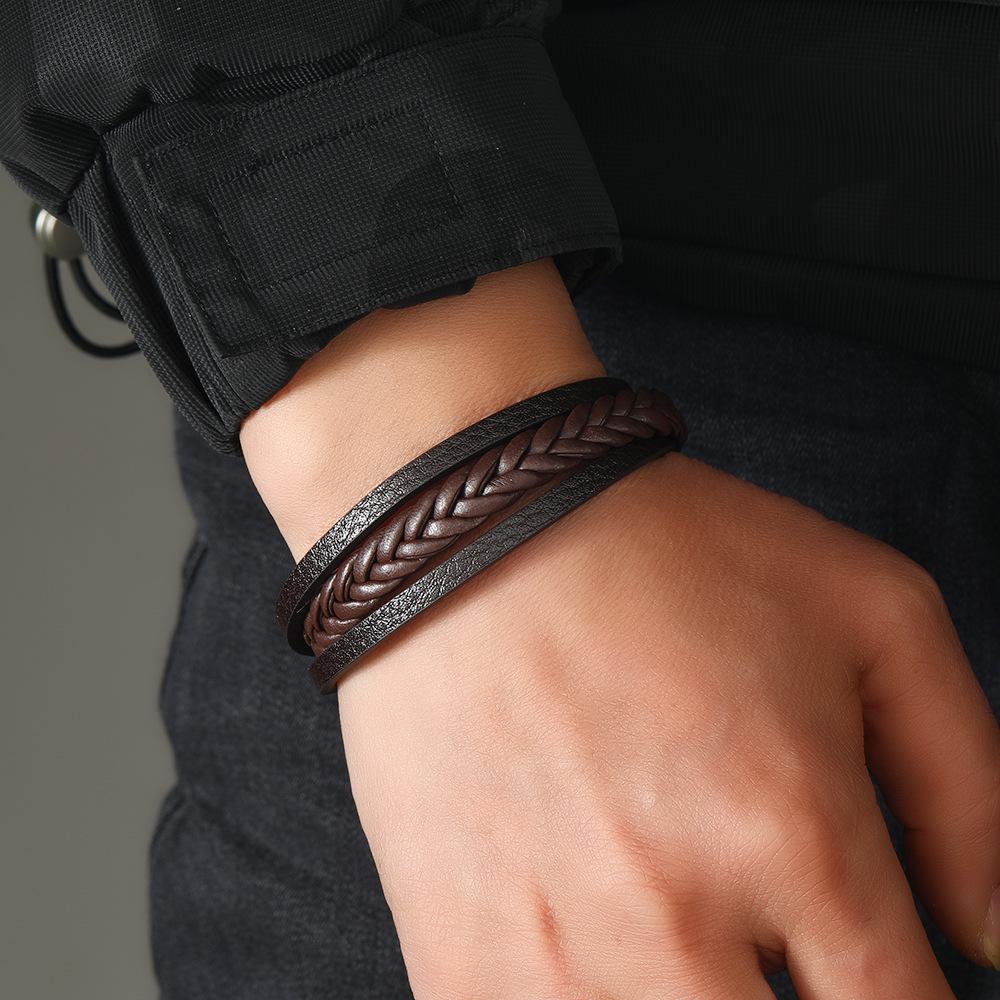 Men's 2023 Retro Leather Cord Woven Bracelet with Magnetic Buckle - European & American Ethnic Style