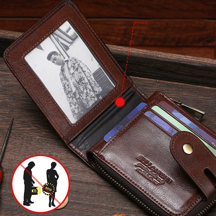 BULLCAPTAIN Men's Genuine Leather Short Zipper Wallet - Multi-Function Organizer with ID Card Holder | Premium Vintage Style