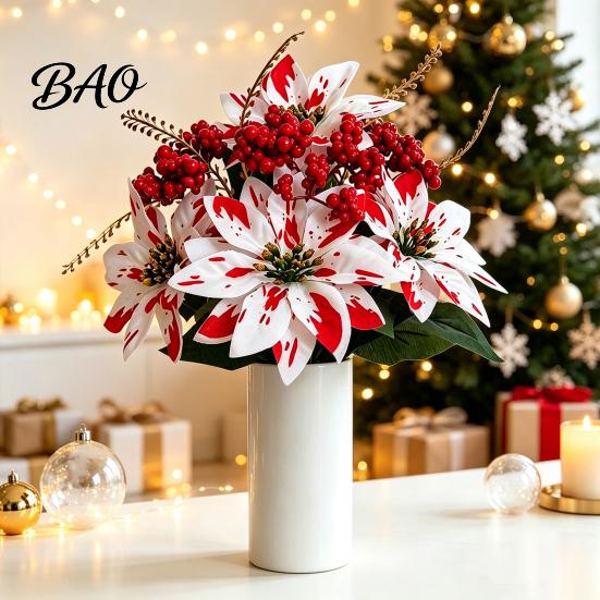 Decorative Plants for Planters Artificial Poinsettia Flowers, Christmas Fake Floral Berry Centerpiece, Fade-Resistant Dieffenbachia Red And White Home