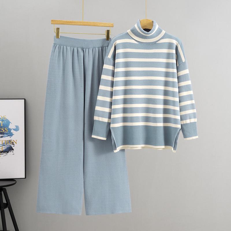 Women's Striped Knit Sweater & Wide-Leg Pants Casual Two-Piece Set for Autumn/Winter