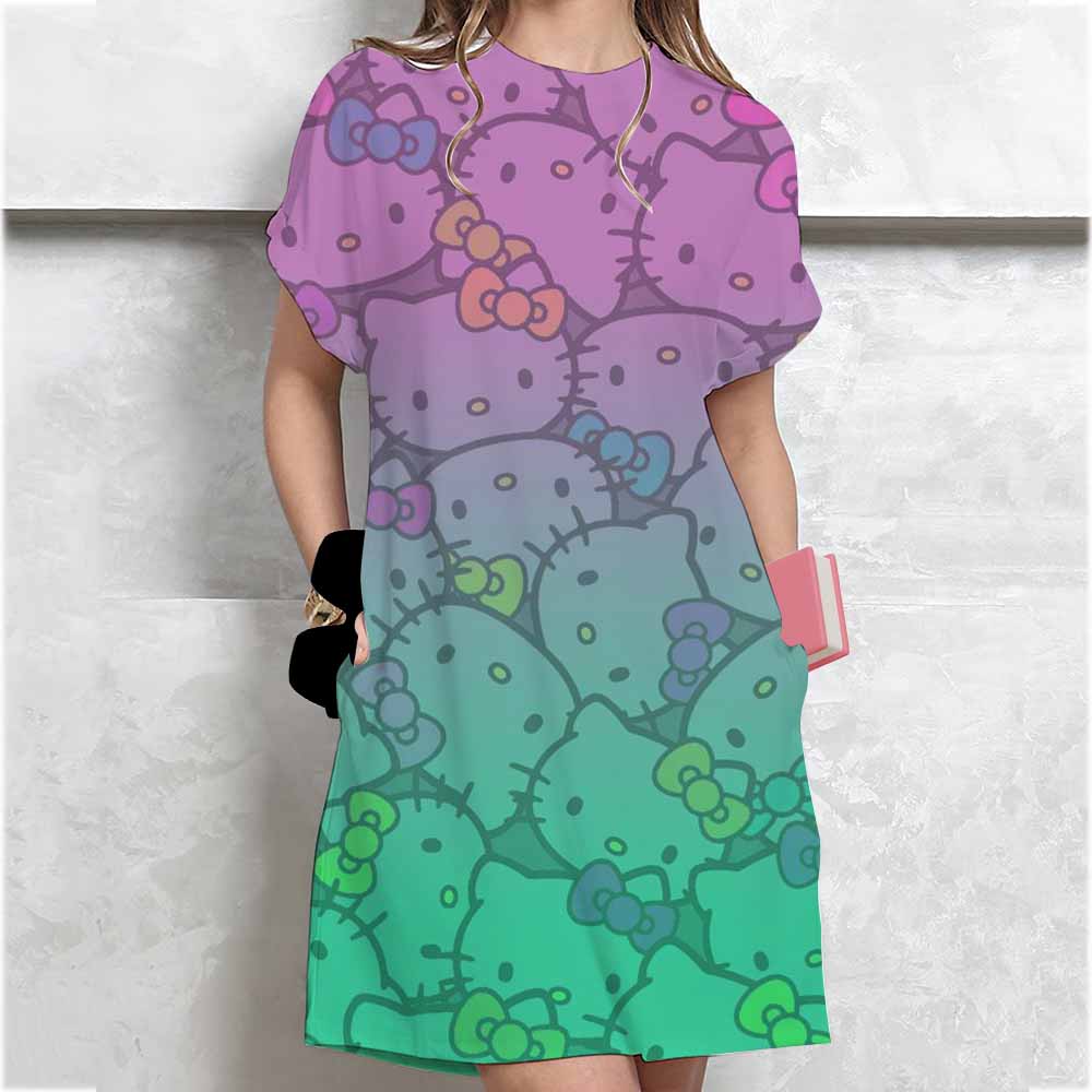 Women's Long Tshirt Dress Summer Fashion Girl Hello Kitty Print Oversized Casual Round Neck Short Sleeved Mini T-shirt Dress