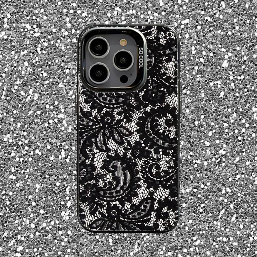 Lace Print Pattern Phone Case For iPhone 16,15,14,13,12,11,Pro,XS,Max,Plus,Mini,SE Black Candy Matte Shockproof Cover