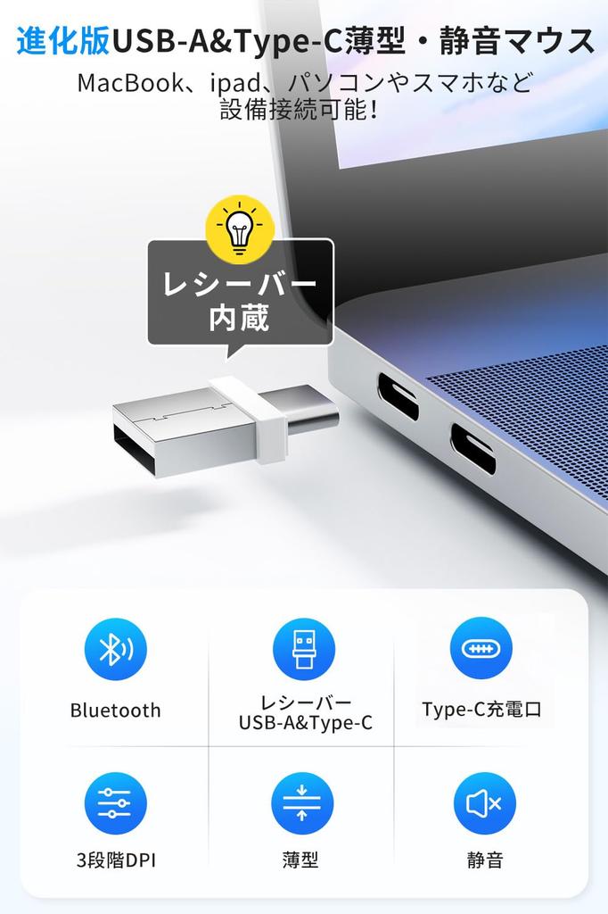 Wireless Bluetooth Mouse with Port High Bluetooth DPI TELEC Compatible with and Smartphones [2025 Industry-Leading Type-C & USB-A Compatible] Type-C