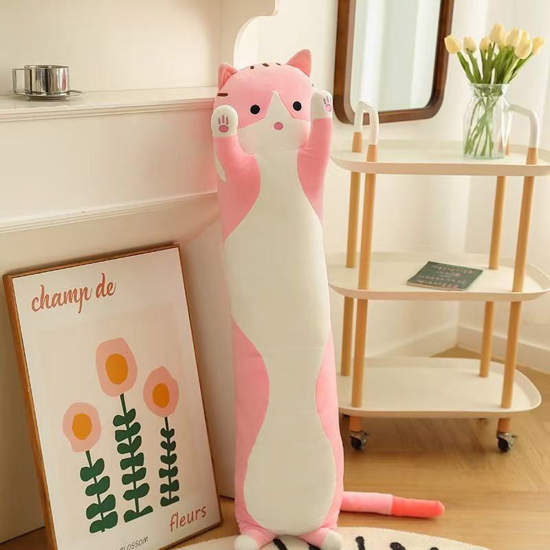 Langes Katzen-Plüsch-Körperkissen Kreatives Süßes Tier-Stofftier-Kissen Weiches Sofa-Dekokissen Großes Schlafkissen Dekor 50cm beige