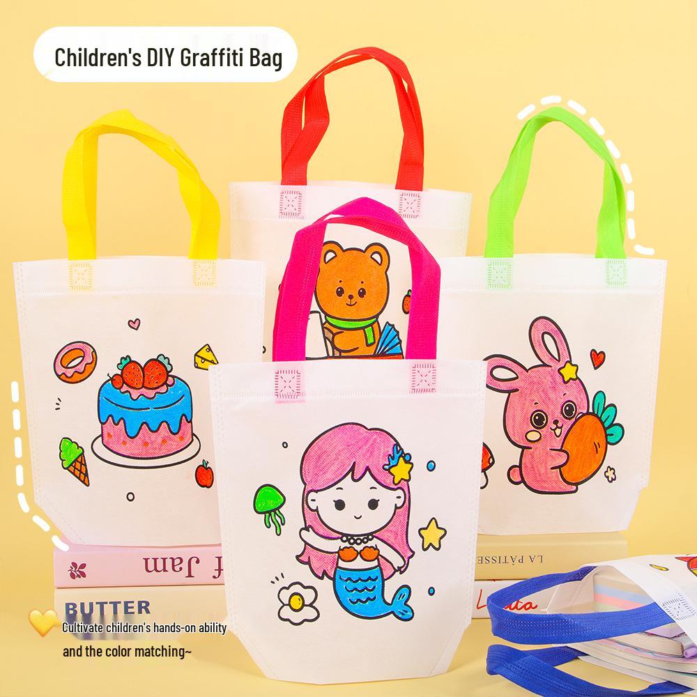 Kids' DIY Cartoon Painting Tote Bag - Non-Woven Fabric for Kindergarten Art