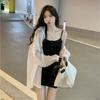 Fashion Sweet and Spicy Pink Sexy Suspender Dress Women's Summer Chiffon Sunscreen Cardigan Jacket Top Two-piece Set