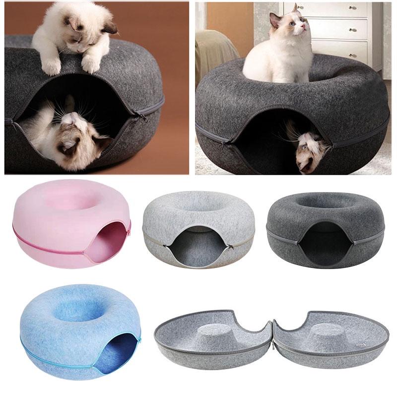 Bed Tunnel Cat Felt Pet Puppy Nest Cave House Round Donut Interactive Toy Play