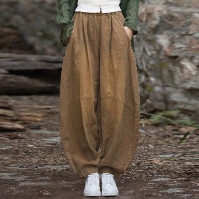 Women Vintage Cotton Ramie Pants Patchwork Elastic Waist Trouser Autumn Loose Casual Pockets Long Pants