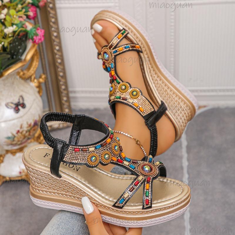 Casual Summer 2025 Open-Toe Beach Sandals with Beads Bohemian Platforms Sandals for Women's Footwear Sandalias De Mujer