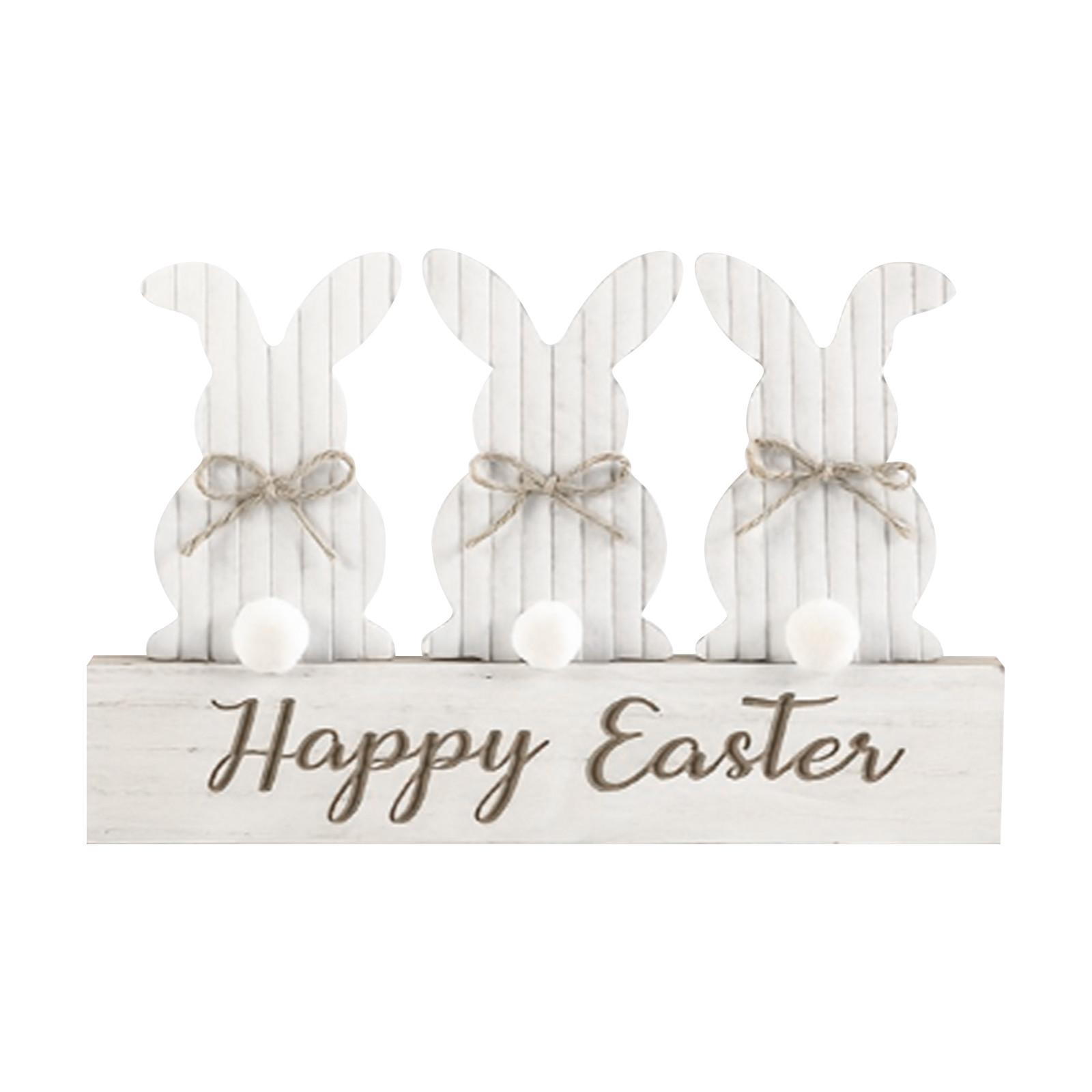 Happy Easter Bunny Desktop Decoration Wooden Figurines with Ribbon Bow Ties Easter Holiday Tabletop Ornament Spring Seasonal Home Decor