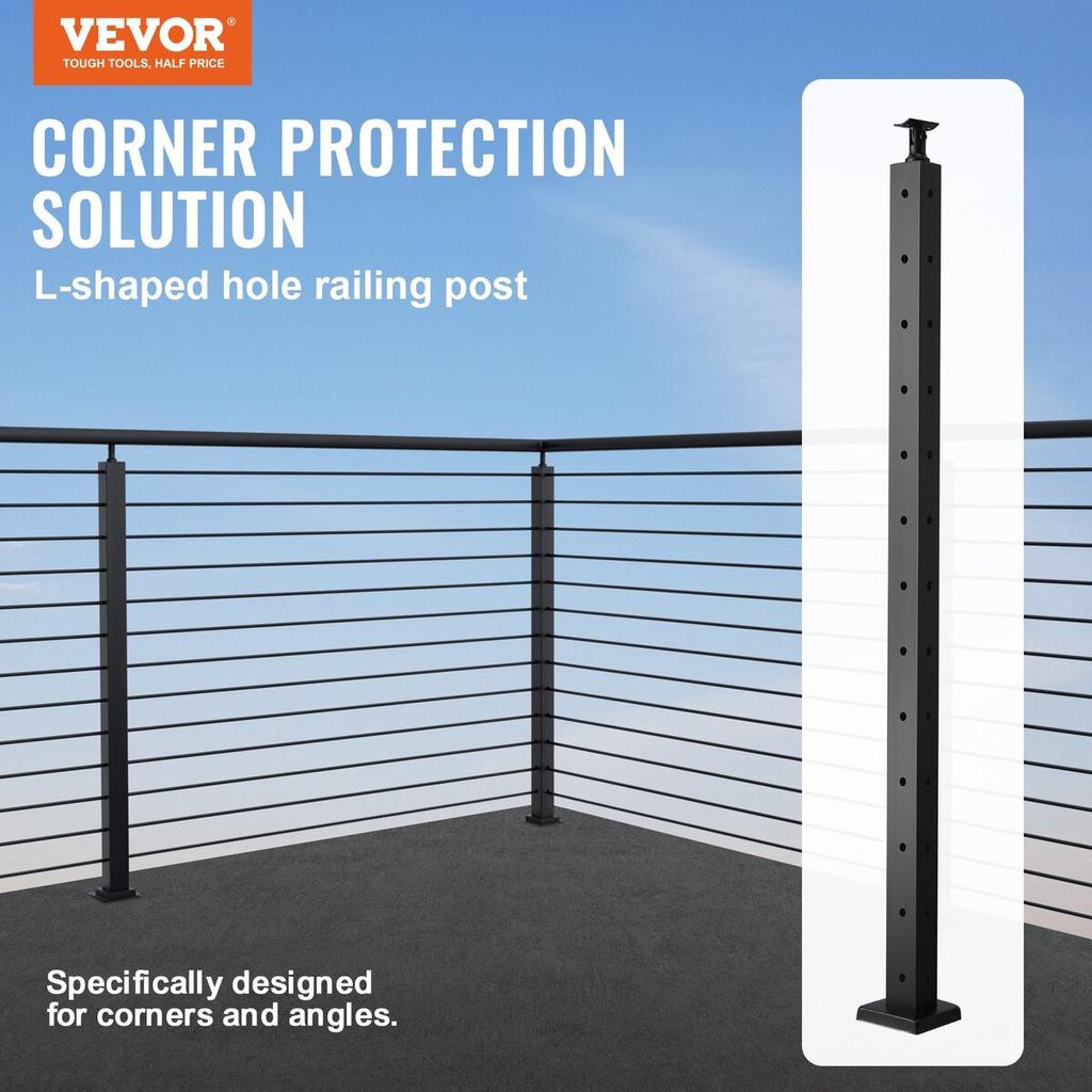 Cable Railing Post 42x1x2in L-Shaped Hole Corner Railing Post Black 1Pc