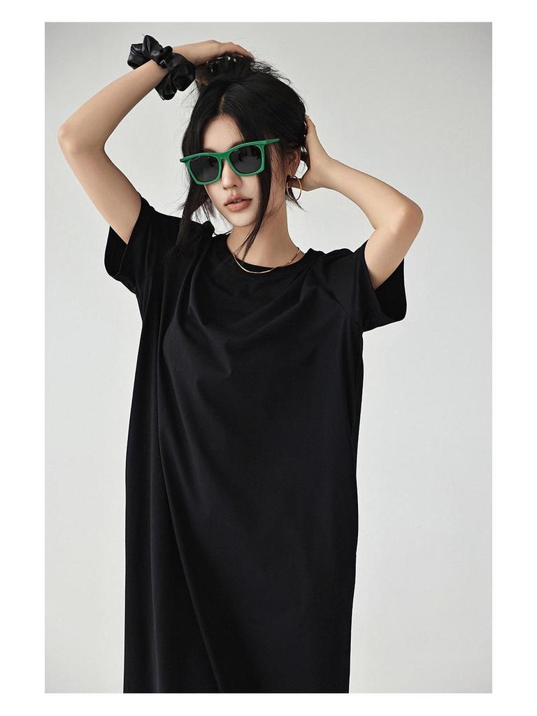 61035# FRESH UP Rochie Tricou Minimalistă Supradimensionată cu Mânecă Scurtă Subgenunchi Subțietoare