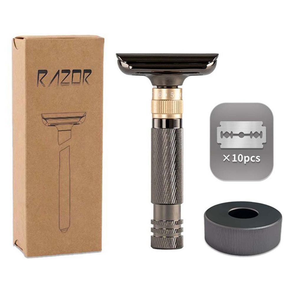 8-stufig verstellbarer manueller Rasierer, doppelseitiger Sicherheitsrasierer im Old-Fashioned-Stil mit Ständer und 10 Ersatzklingen