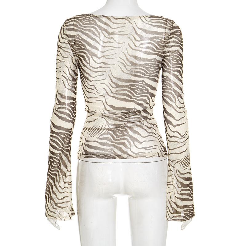Zebra Printed Mesh Sheer Sexy Shirts & Blouses Long Sleeve Tops Fashion 2025 Fall Clothes for Woman