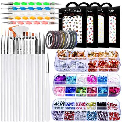 Nail Art Decorations Kit Complete Nail Brush Rhinestone Kit with Stickers Dotting Pen Foil Flakes